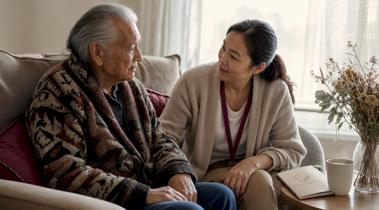 Caregiver attentively listening to elderly man