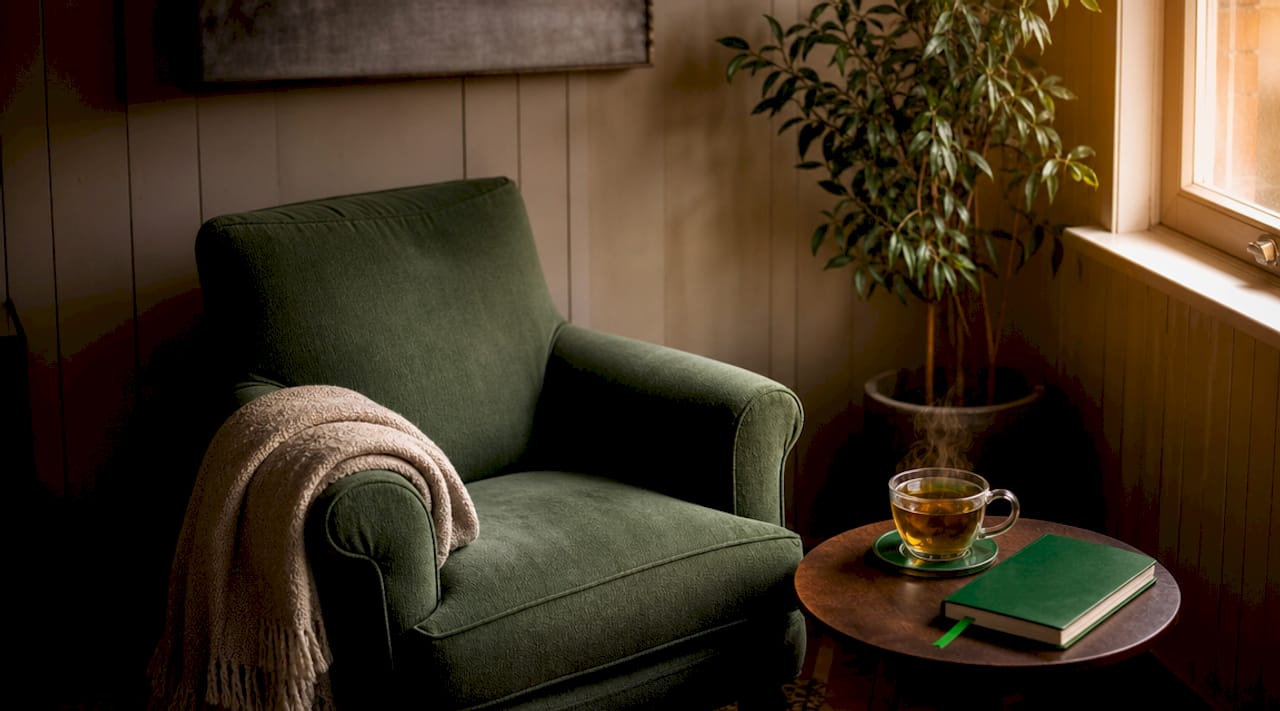 Cozy bedroom corner with warm lighting and diffuser