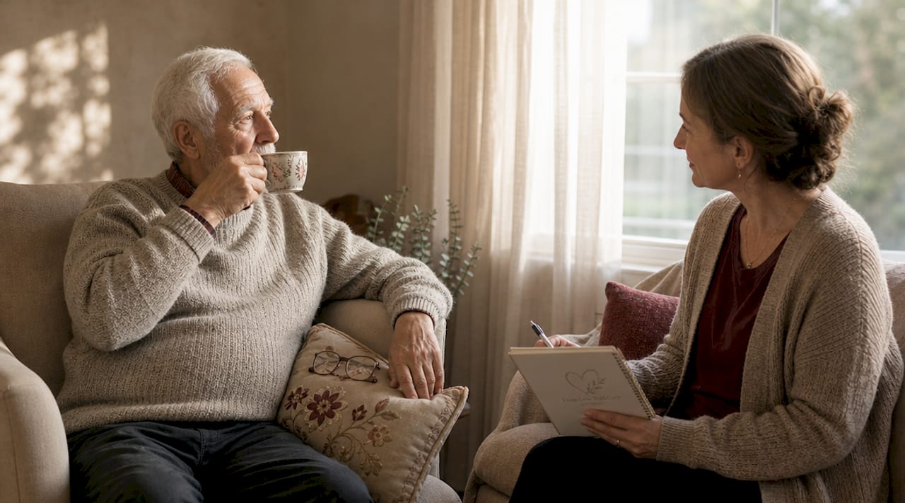 Companion attentively observing elderly man in kitchen