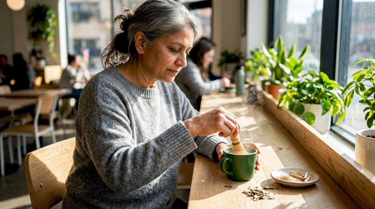 Woman measuring ashwagandha powder for herbal tea
