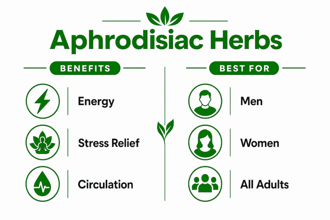 Infographic comparing aphrodisiac herbs benefits and suitability