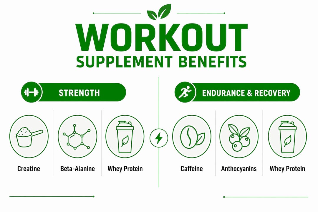 Infographic comparing workout supplement benefits for strength and endurance