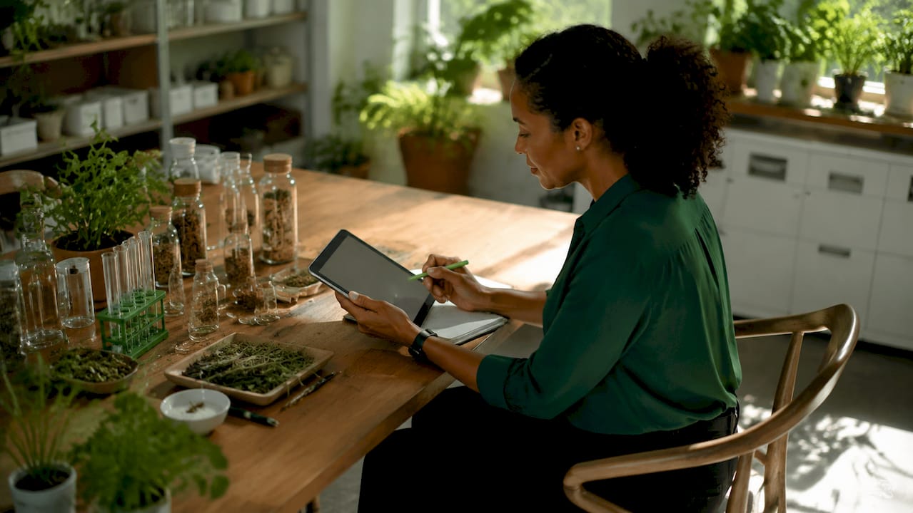 Researcher reviewing herbal clinical trial data