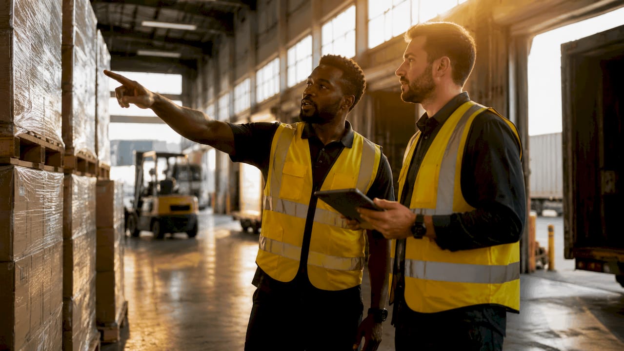 Warehouse staff coordinating parts handoff