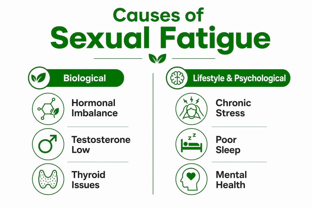 Infographic outlining biological and lifestyle causes of sexual fatigue