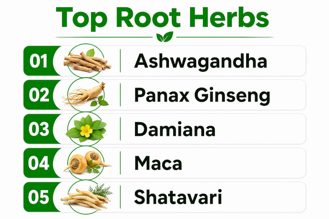 Infographic ranking key root herbs by benefits