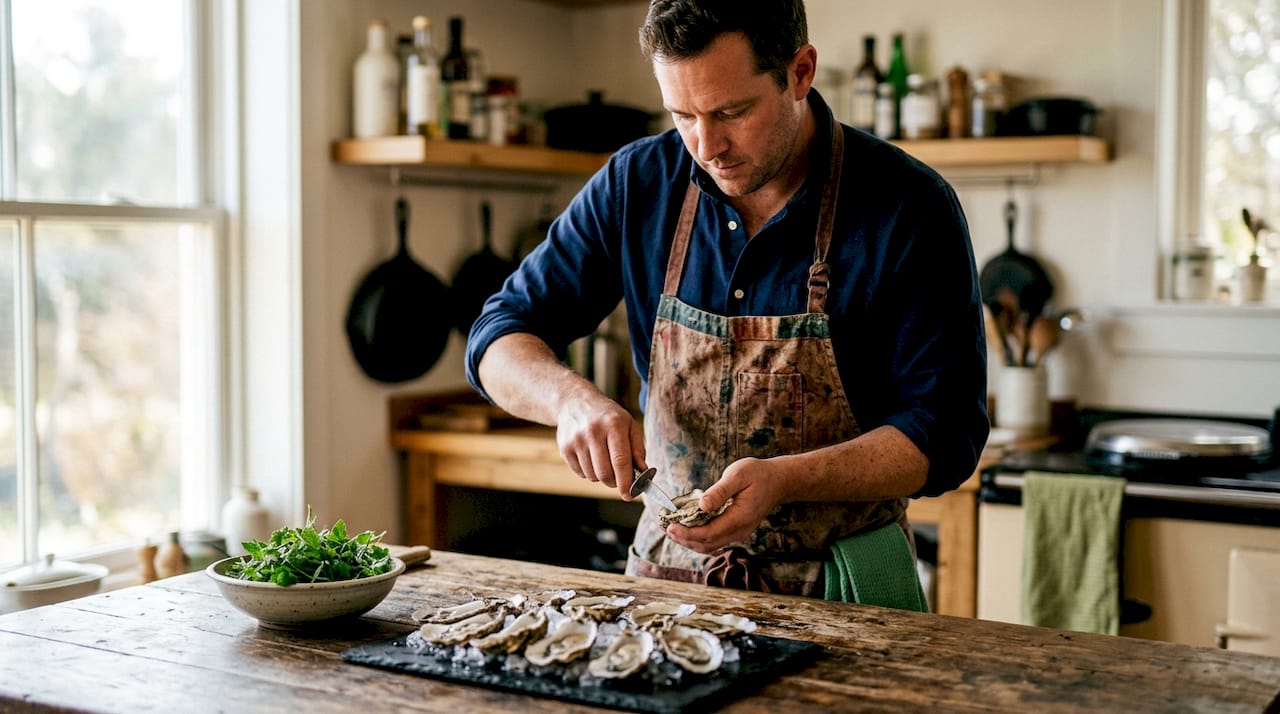 Chef shucking oysters on kitchen counter