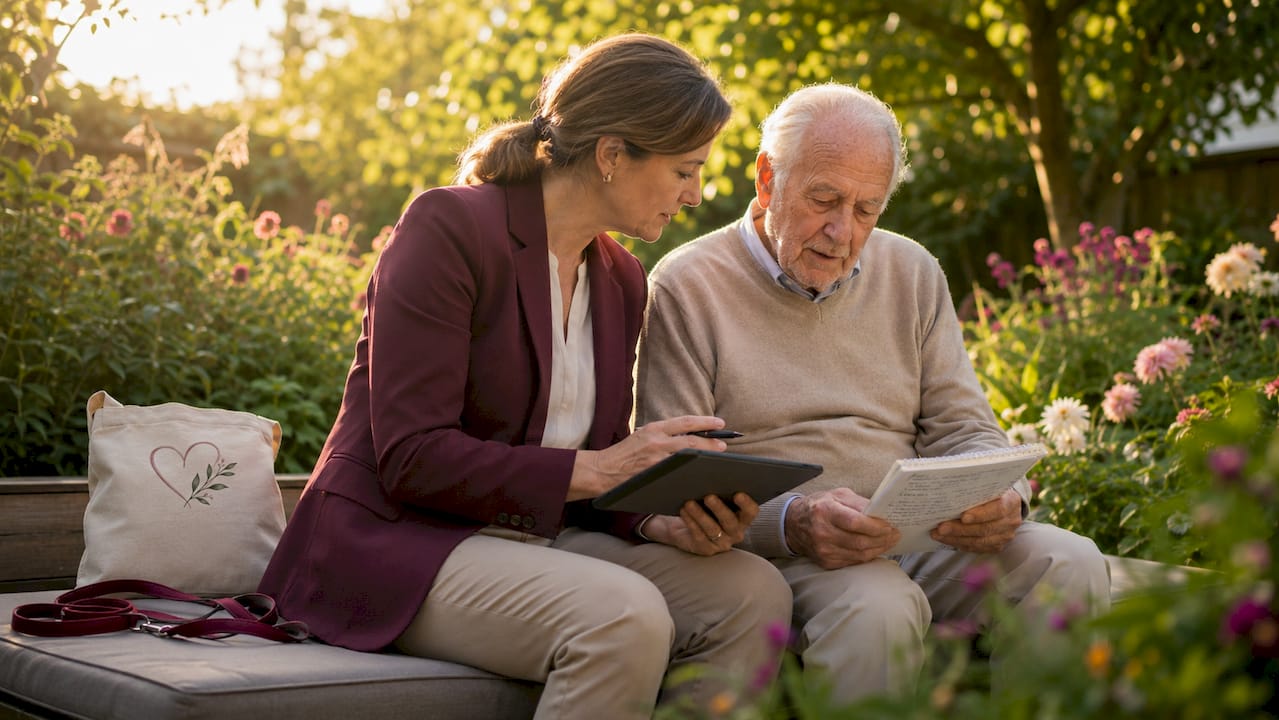 Caregiver discussing AI options with elderly man at table