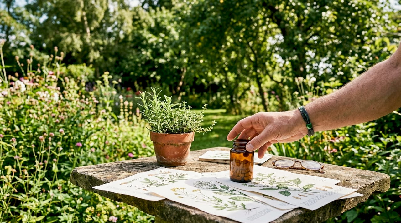 Hand reaching for ashwagandha herb capsules