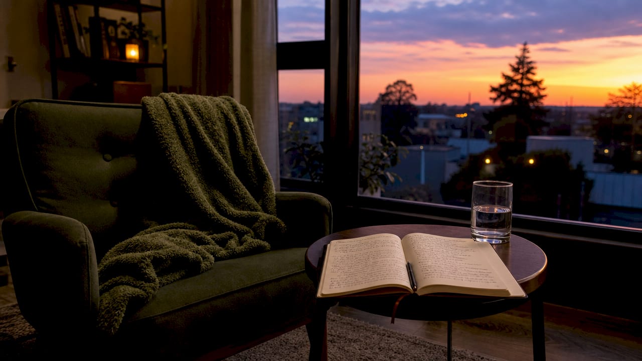 Bedside table with sleep tracker and book