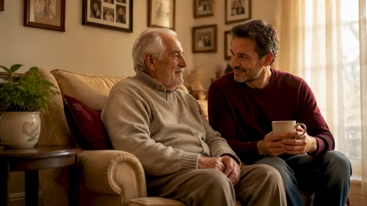 Adult son listening to elderly father in garden bench