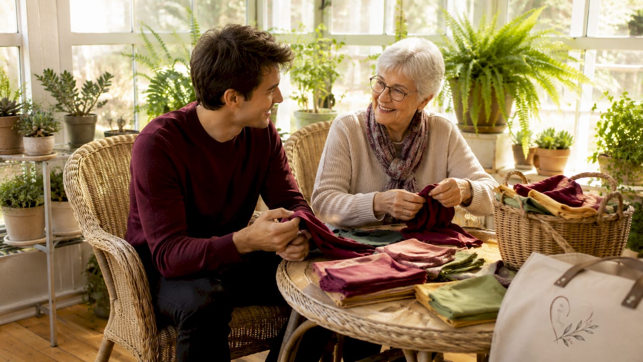 Companion assisting elderly woman in garden