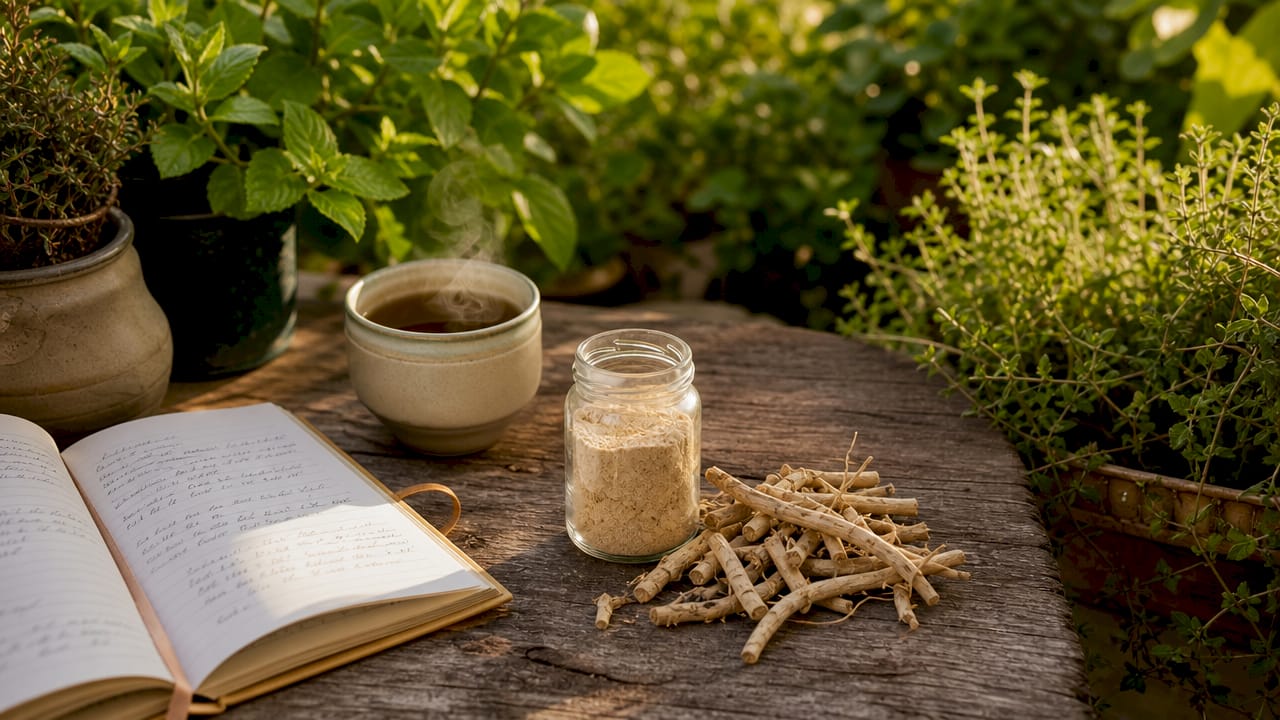Close-up of ashwagandha herb and supplement setup