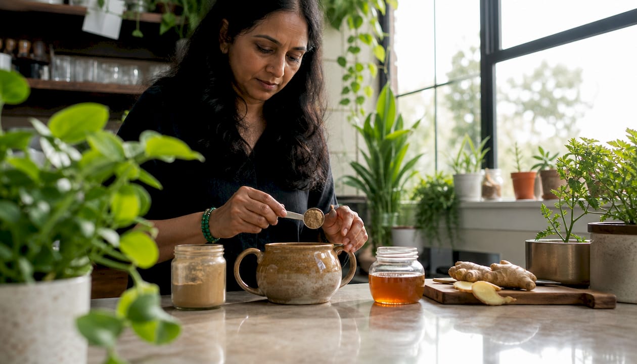 Hands preparing adaptogen herbal tea