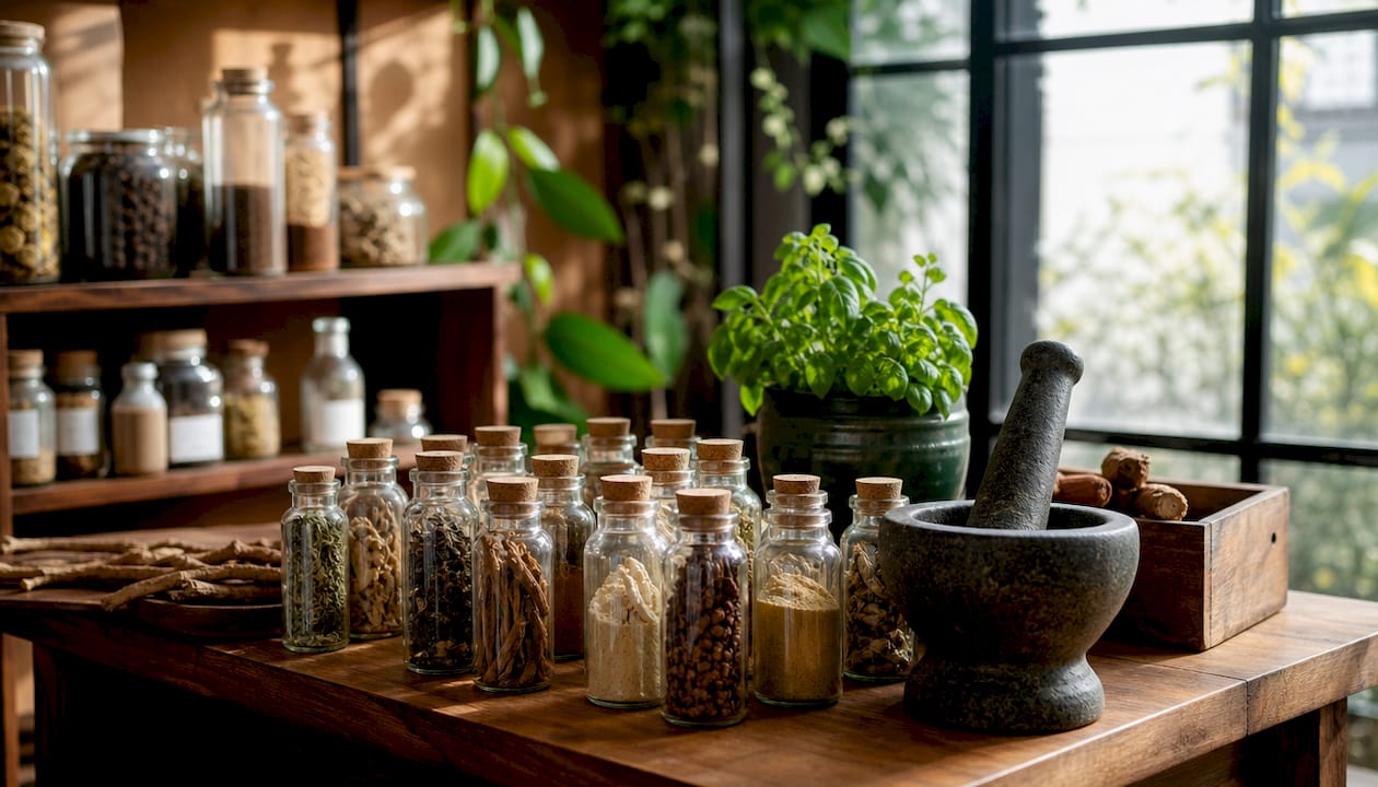 Herbal bottles and mortar on shelf
