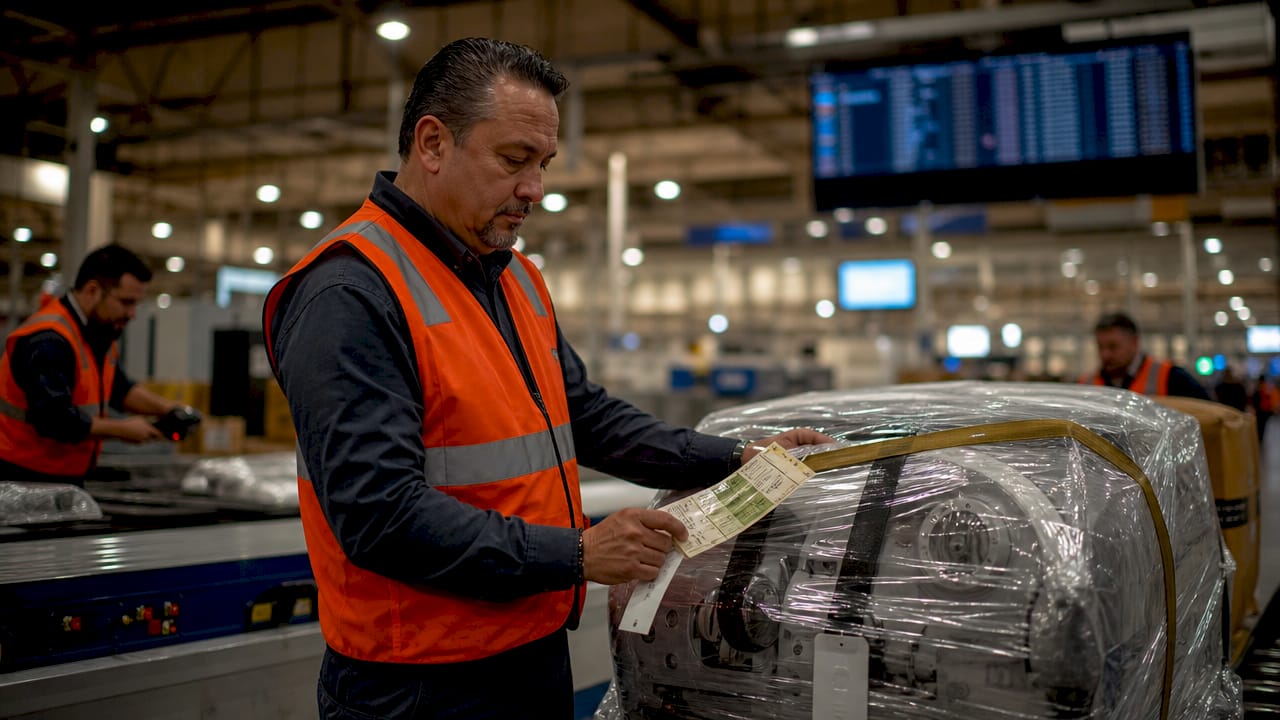 Freight coordinator handling urgent airport shipment
