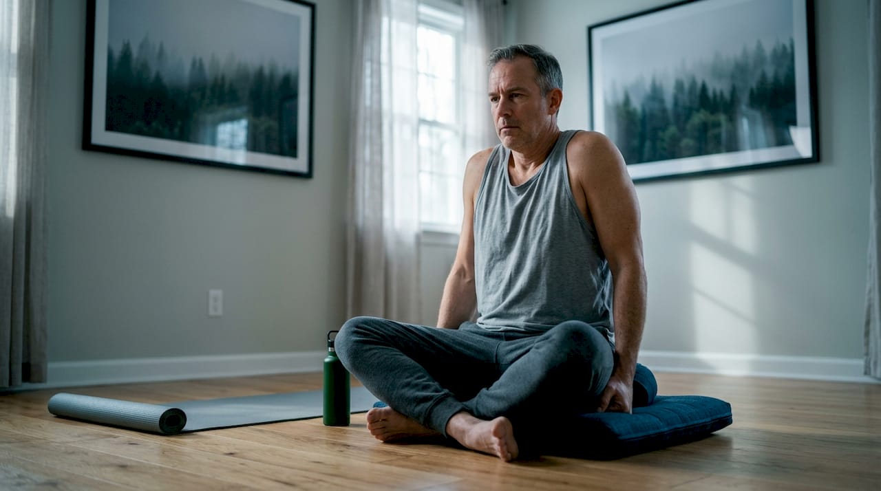 Man doing progressive muscle relaxation on living room floor