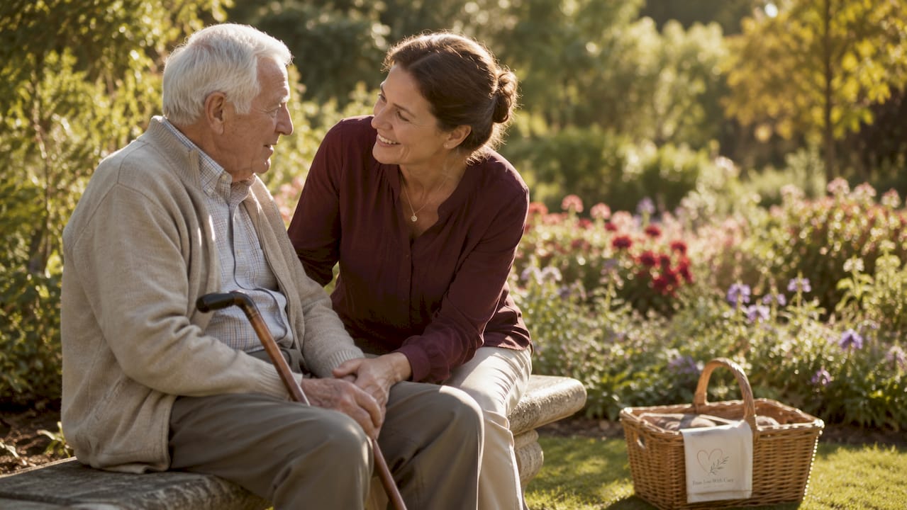 Elderly man and companion chatting outdoors