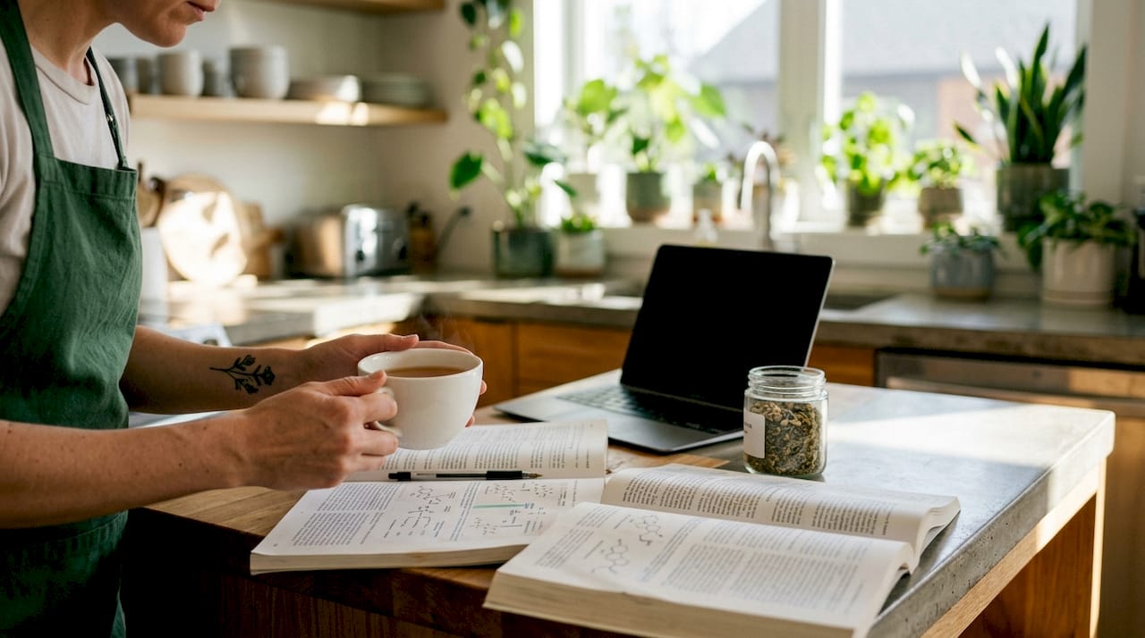 Hands holding tea with hormone study materials