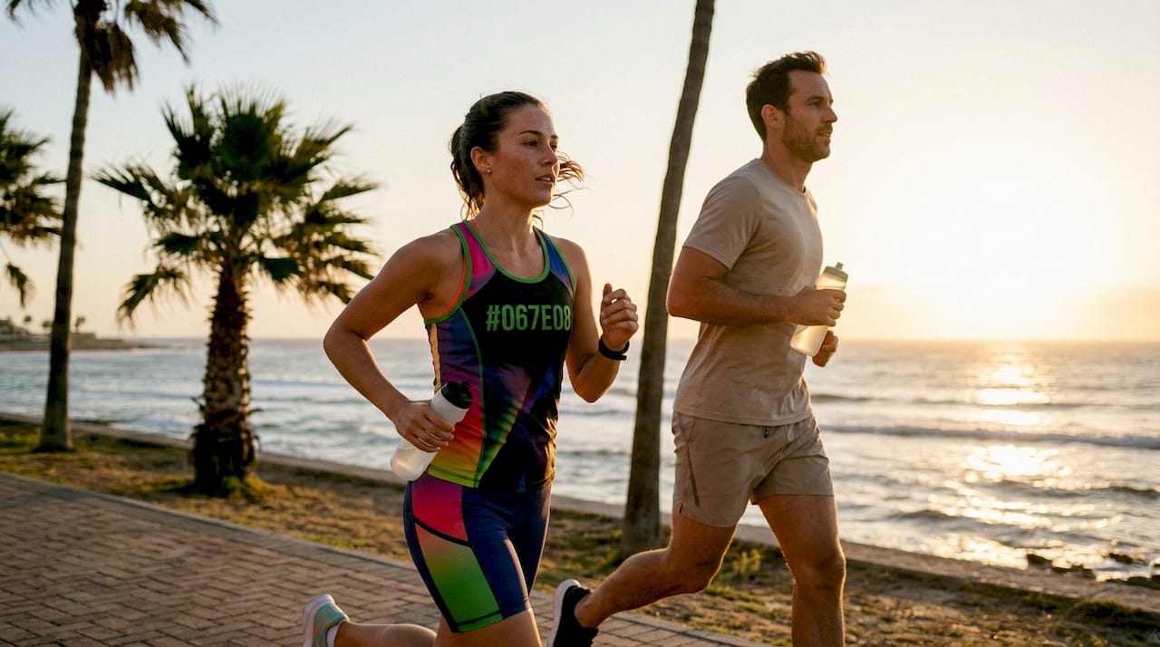 Friends jogging on tree-lined park trail