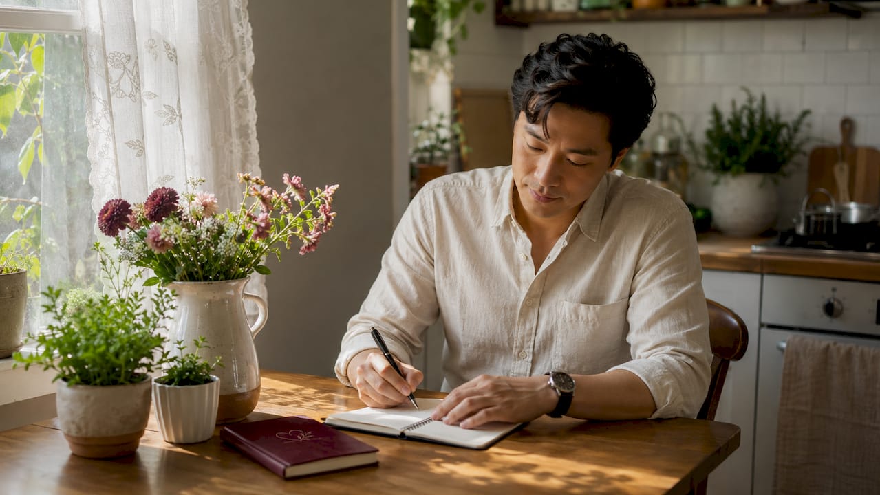 Caregiver makes notes about elderly parent's loneliness signs