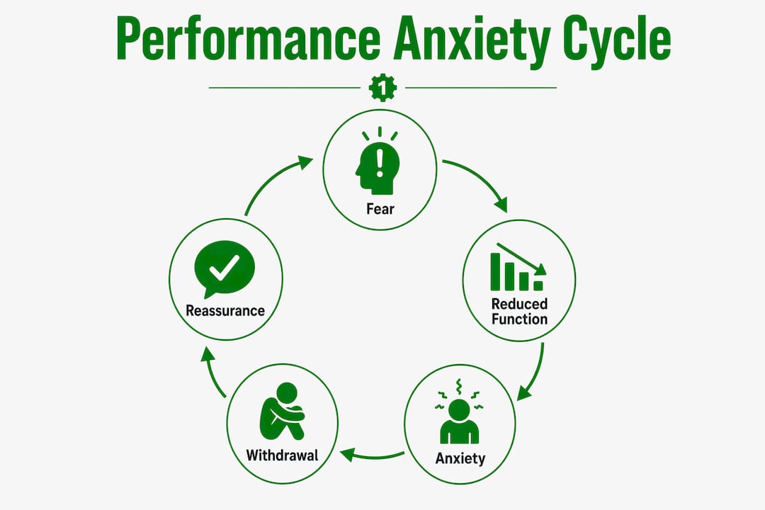 Infographic illustrating performance anxiety cycle in male sexual health