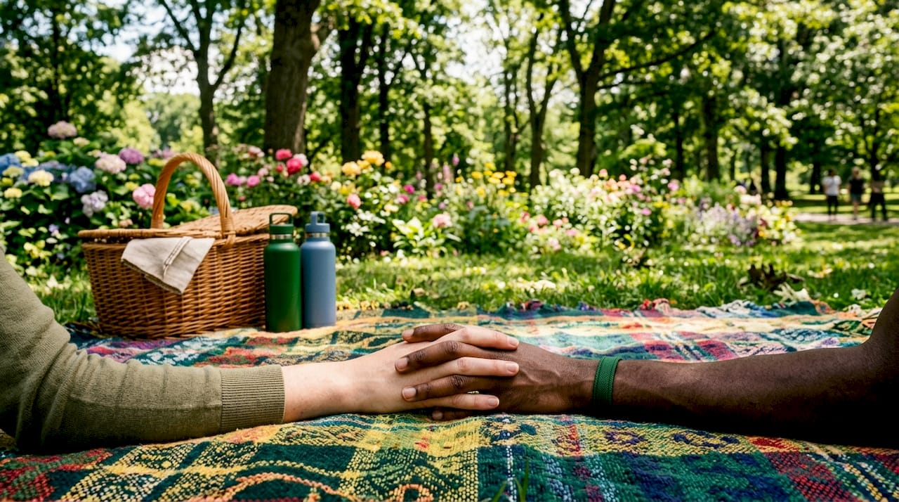 Intertwined hands on coffee table symbolizing intimacy