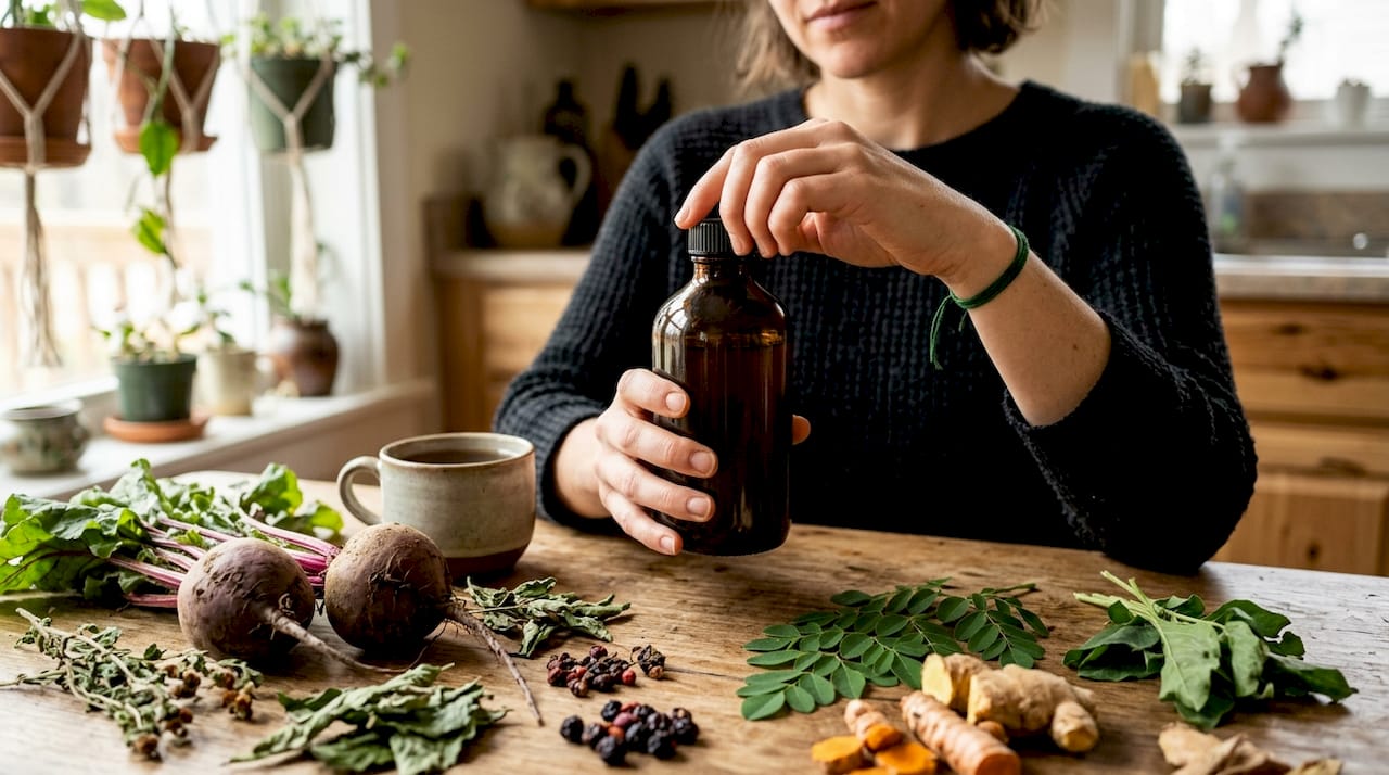 Hands holding herbal supplement with African botanicals