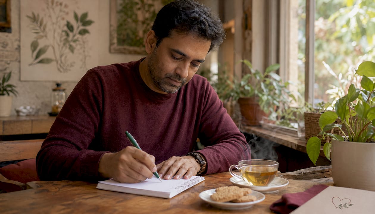 Man writing coping notes at kitchen table