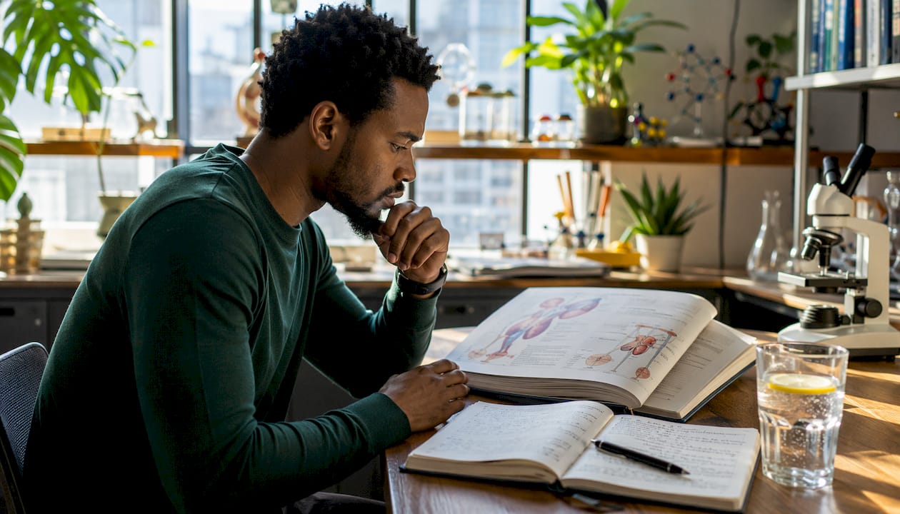 Researcher studying hormonal system with notes