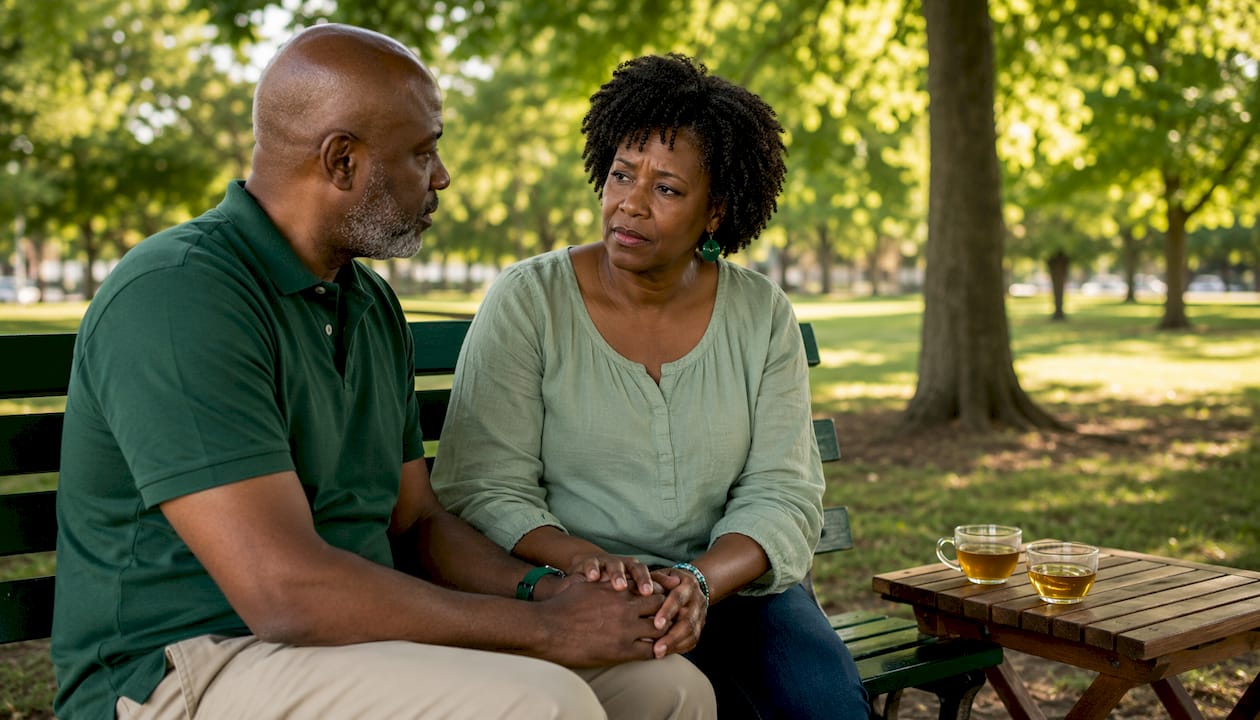 Couple engaged in serious conversation at home