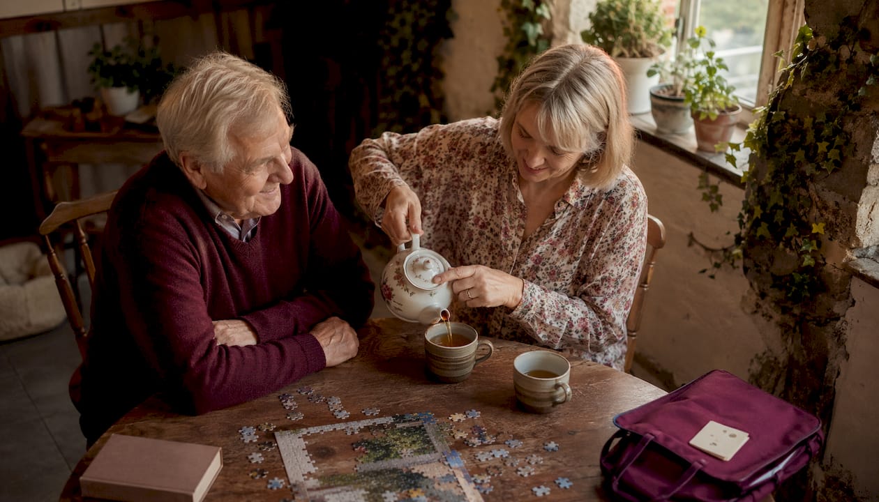 Elderly man with companion having tea