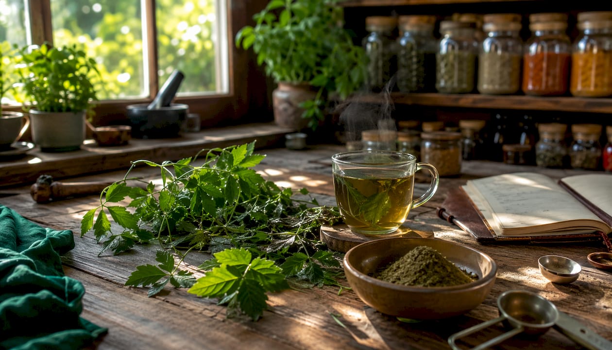 Gynostemma leaves and capsules on table