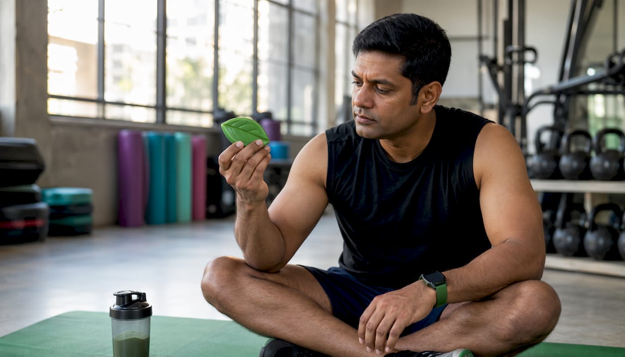 Man examining ashwagandha supplement in gym