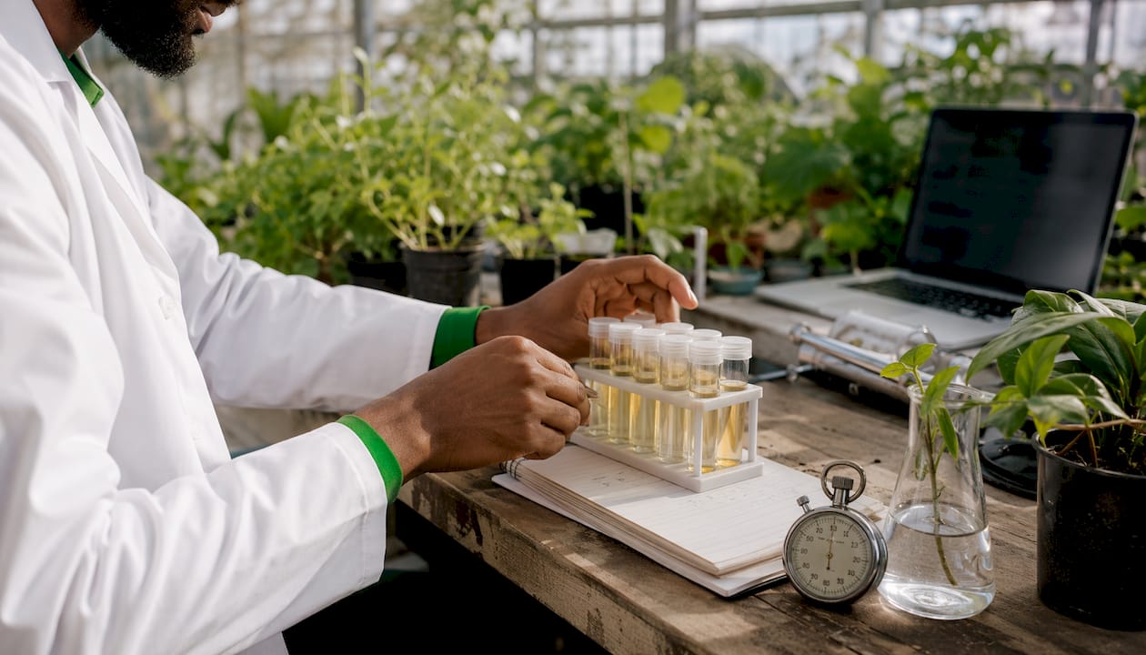 Scientist handling testosterone hormone test tubes
