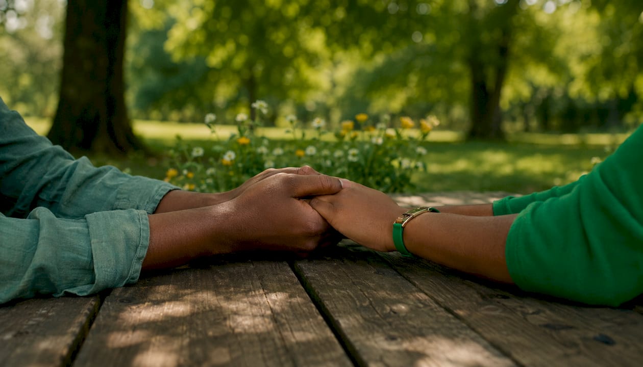 Intertwined hands on bed illustrating intimacy