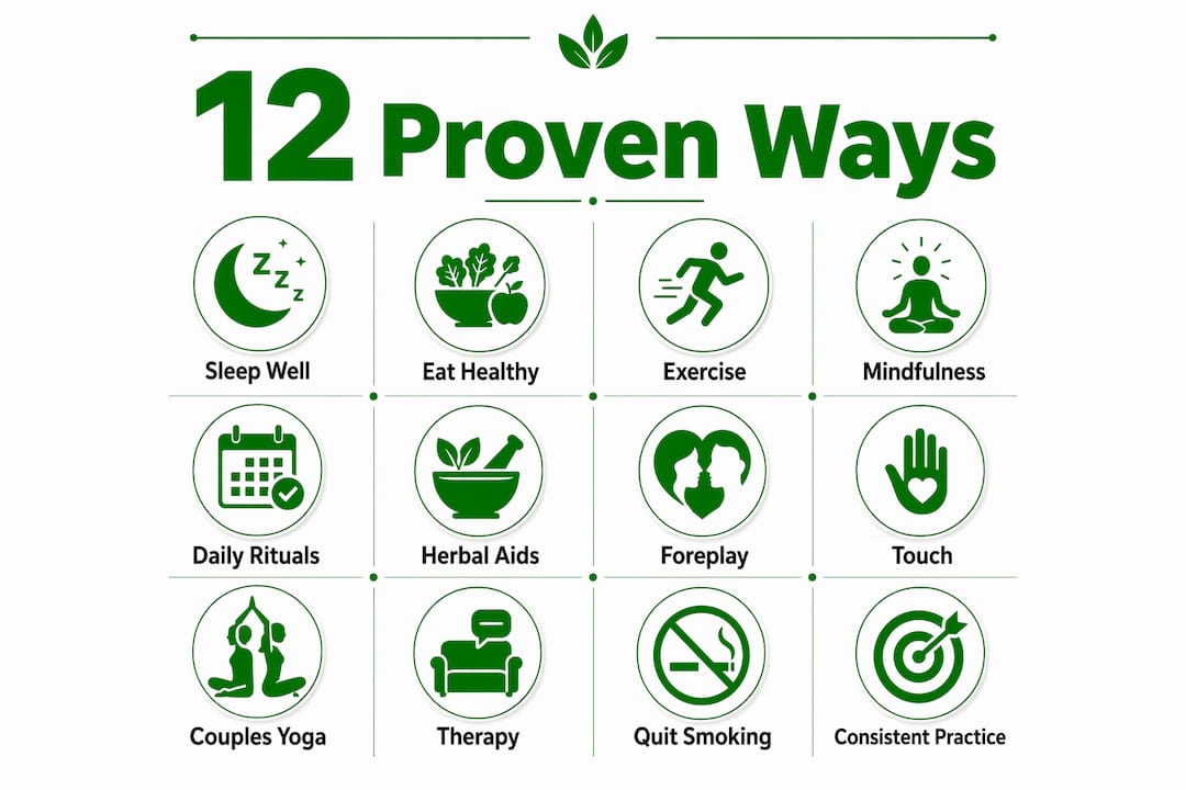 Infographic with 12 natural mood and intimacy tips in vertical flow