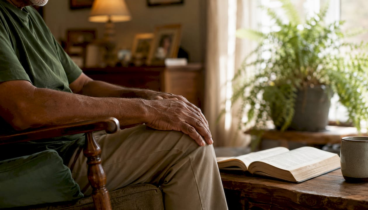 Close-up of older man's hands in study