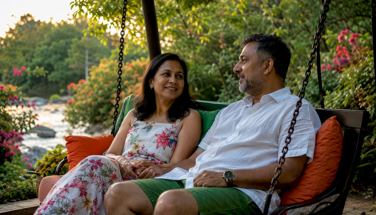 Middle-aged couple communicating on sofa