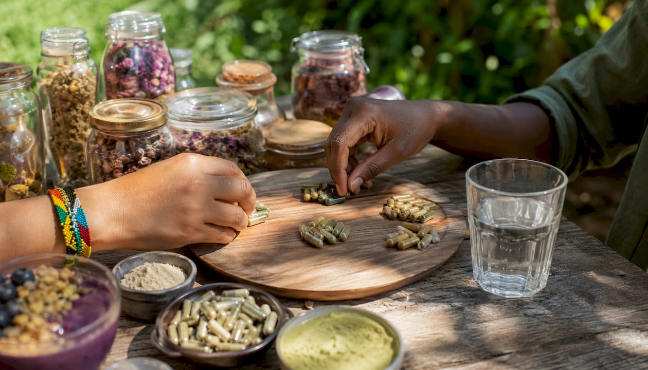 Hands organizing herbal supplements with smoothie bowl