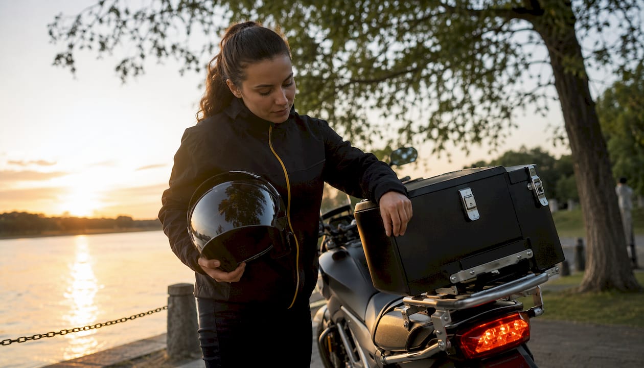 Courier prepping motorcycle for urgent medical delivery