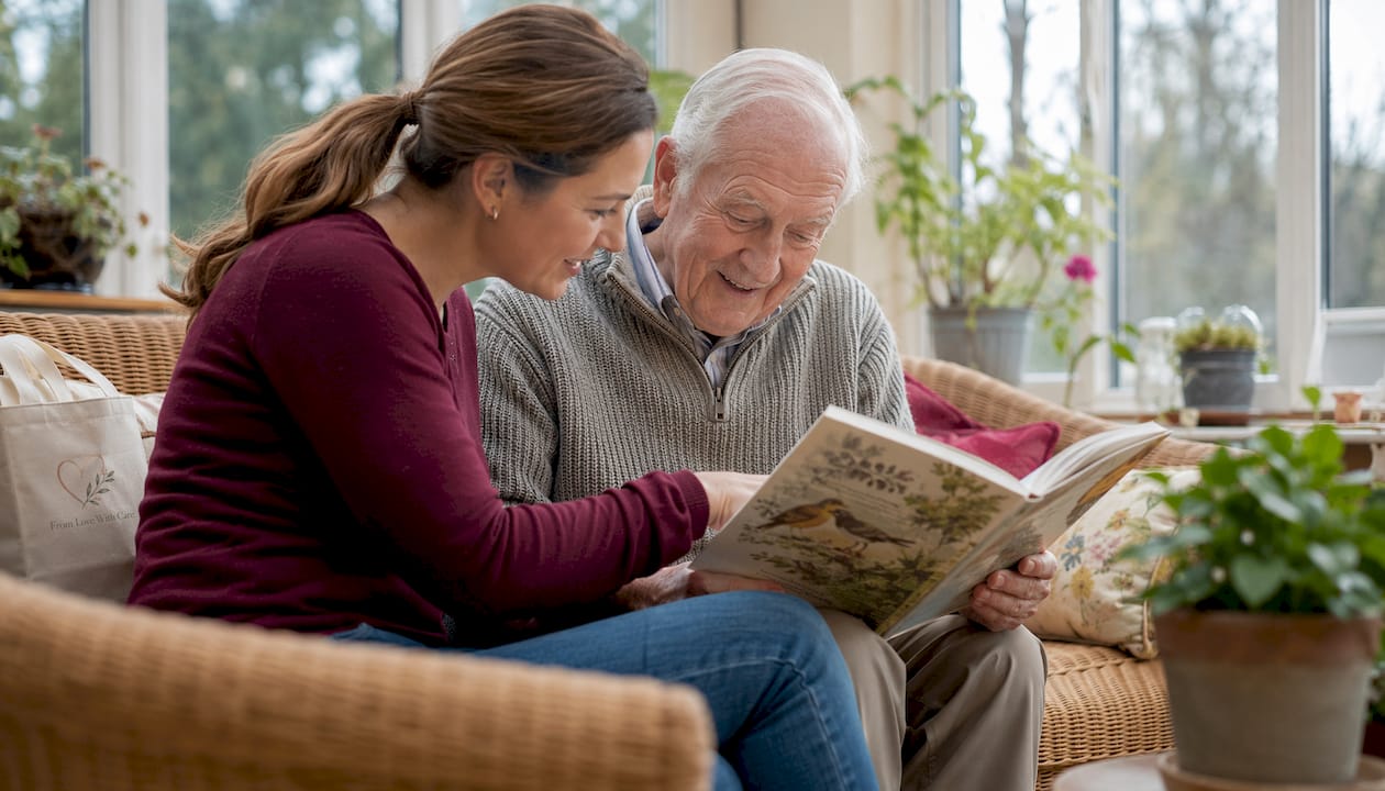Companion sharing memories with elderly man