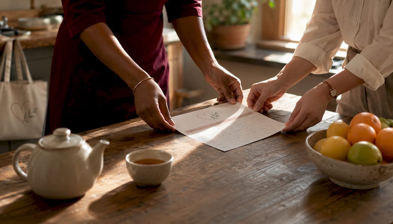 Hands exchanging care schedule on wooden table