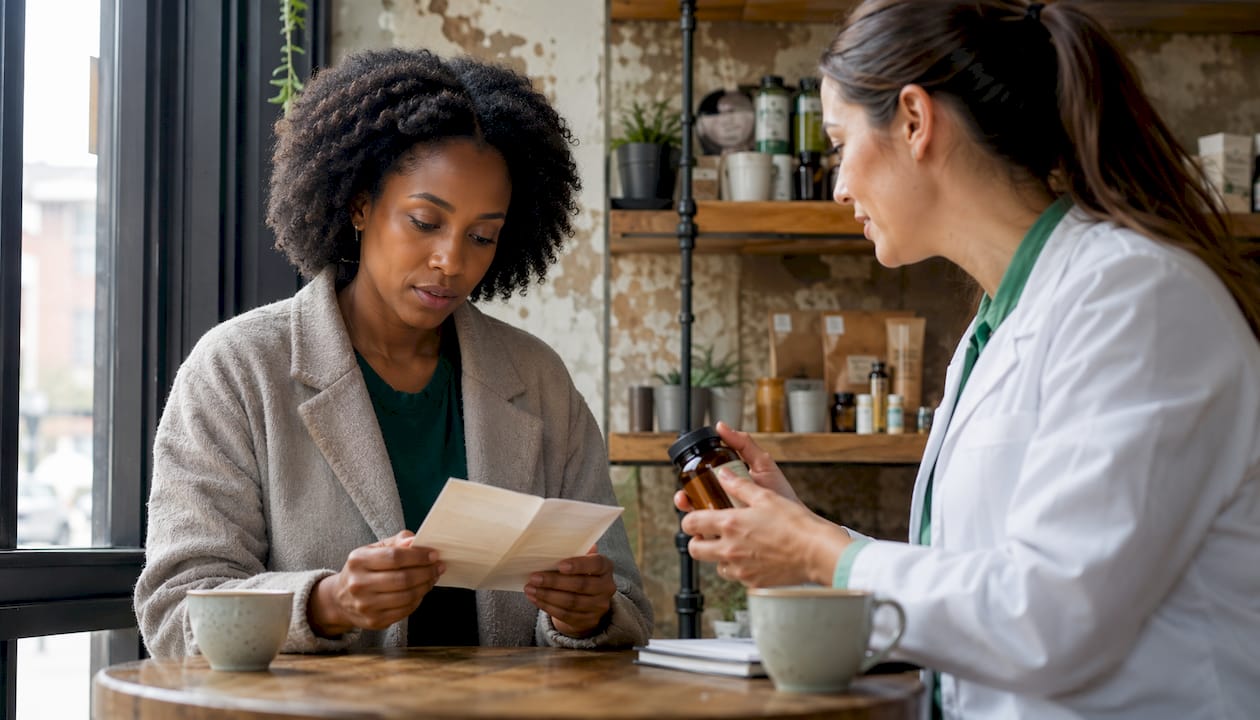Woman consulting pharmacist about supplements