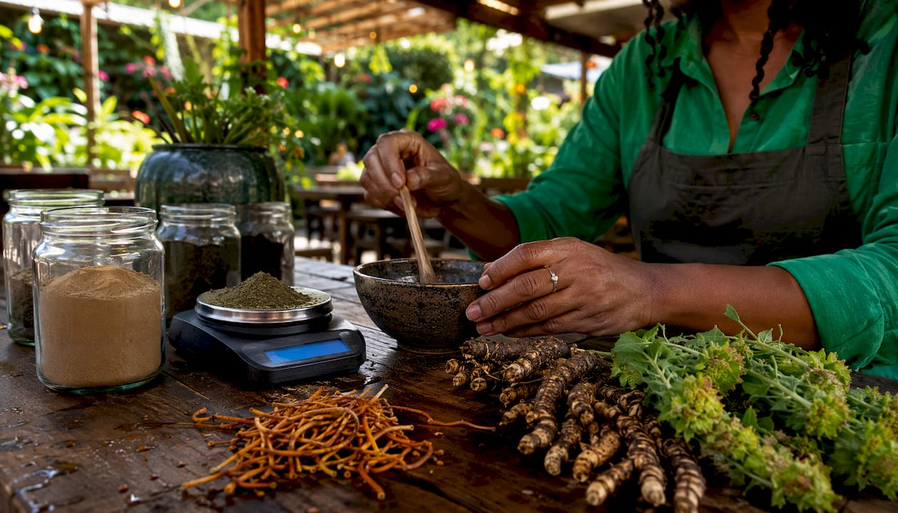 Hands preparing herbal supplements in kitchen