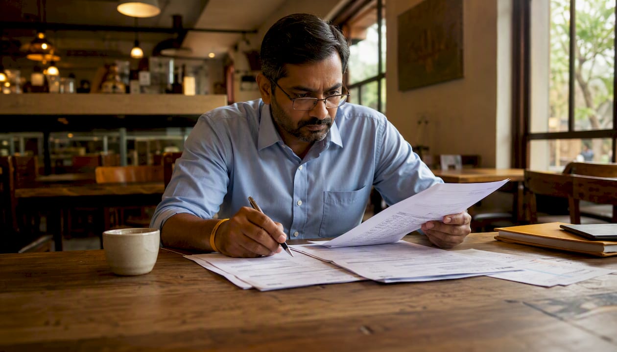 Overhead view of courier pricing review paperwork