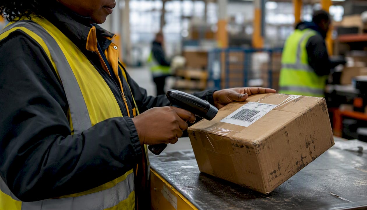 Courier scanning UK parcel for delivery