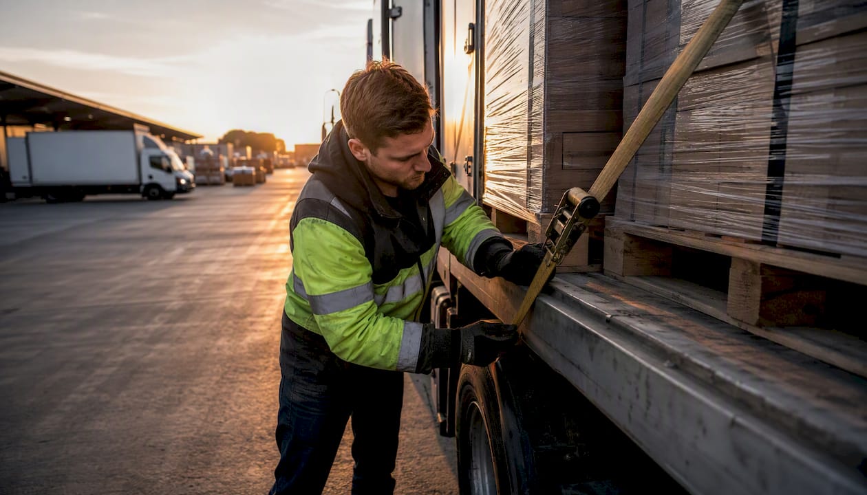 Courier loading pallet into delivery van