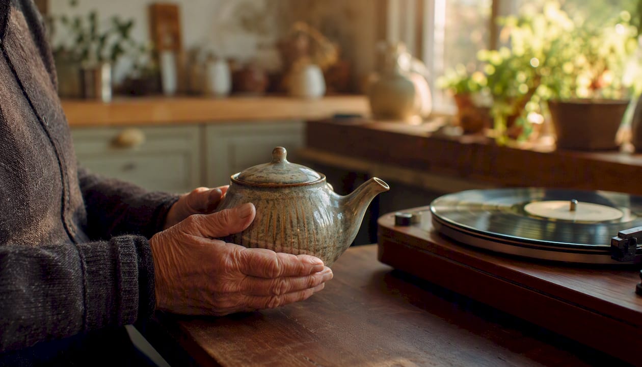 Hands holding ceramic cup with vintage radio