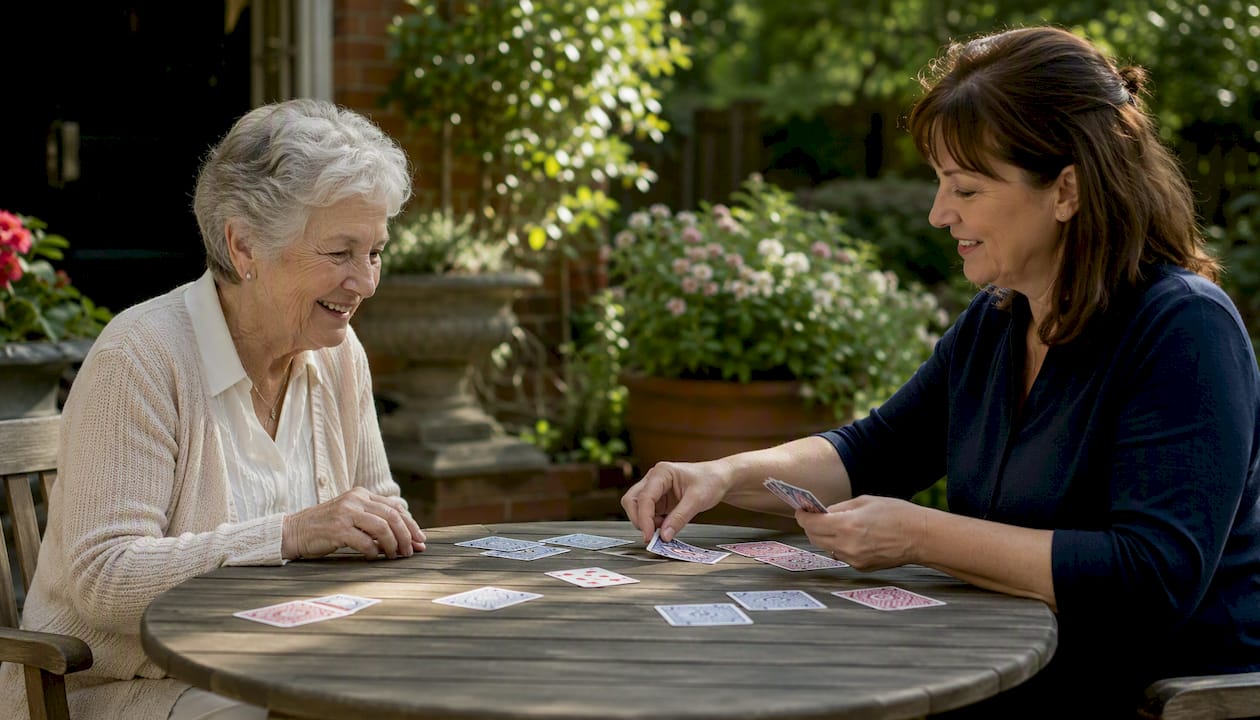 Hands dealing cards in elderly companion visit
